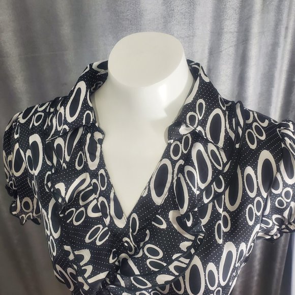Voir Voir Print Top Black Dress with Belt Size 8 Ruffled Neck Side Zip - Picture 12 of 14